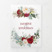 Waterverf Burgundy & White Roses, Lily, Greenery Drieluik Uitnodiging (Cover)