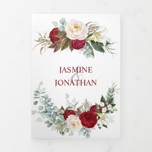 Waterverf Burgundy & White Roses, Lily, Greenery Drieluik Uitnodiging (Cover)