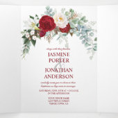 Waterverf Burgundy & White Roses, Lily, Greenery Drieluik Uitnodiging (Binnenkant midden)