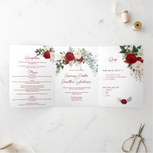 Waterverf Burgundy & White Roses, Lily, W/Menu T Drieluik Uitnodiging