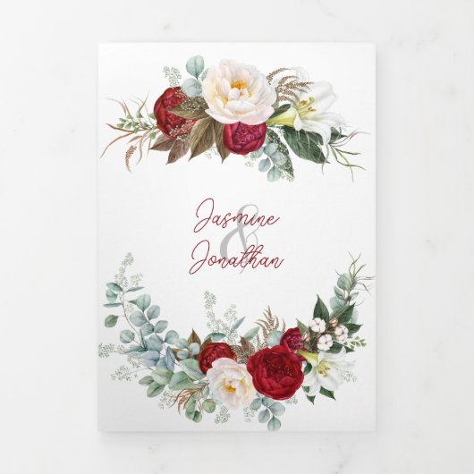 Waterverf Burgundy & White Roses, Lily, W/Menu T Drieluik Uitnodiging (Cover)