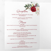 Waterverf Burgundy & White Roses, Lily, W/Menu T Drieluik Uitnodiging (Binnenzijde eerst)