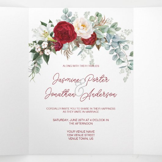 Waterverf Burgundy & White Roses, Lily, W/Menu T Drieluik Uitnodiging (Binnenkant midden)