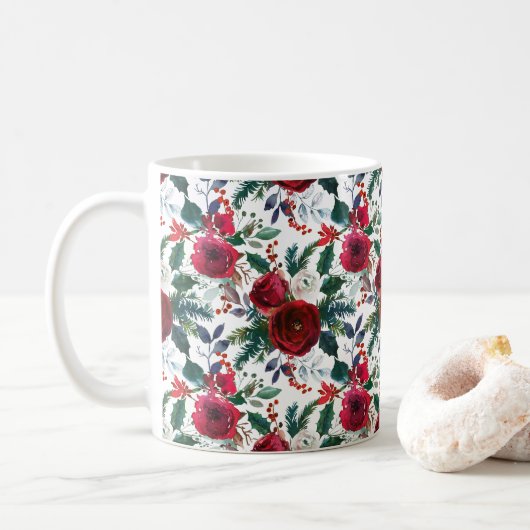 Waterverf Burgundy Winter Flowers Kerstmis Koffiemok (Met donut)