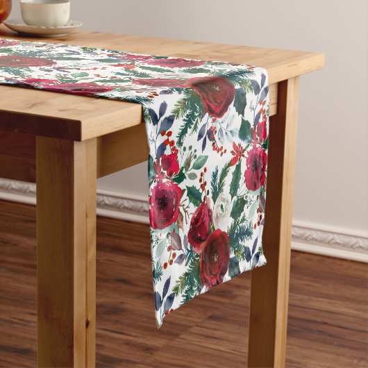 Waterverf Burgundy Winter Flowers Kerstmis Korte Tafelloper (Voorbeeld)