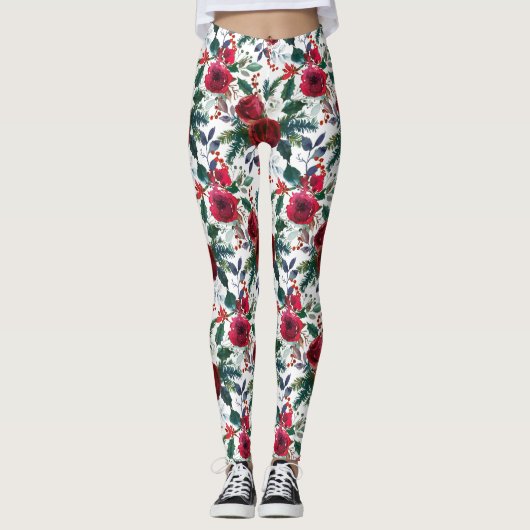 Waterverf Burgundy Winter Flowers Kerstmis Leggings (Voorkant)