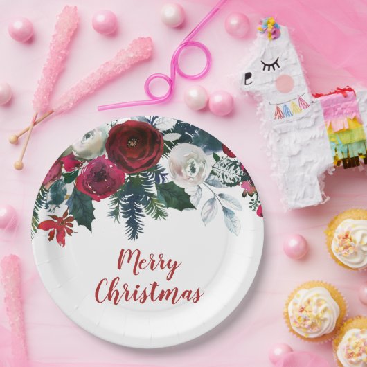 Waterverf Burgundy Winter Flowers Kerstmis Papieren Bordje (Feest)