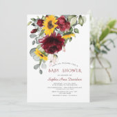 Waterverf Burgundy Zonnebloemen Goud Baby Shower Kaart (Staand voorkant)