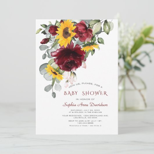 Waterverf Burgundy Zonnebloemen Goud Baby Shower Kaart (Staand voorkant)