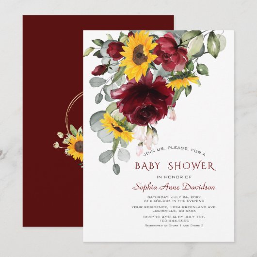 Waterverf Burgundy Zonnebloemen Goud Baby Shower Kaart (Voorkant / Achterkant)