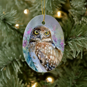 Waterverf Burrowing owl Athene cunicularia Keramisch Ornament