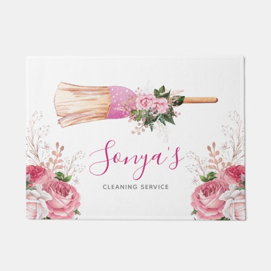 Waterverf Business Cleaning Service Roze bezem Deurmat (Voorkant)