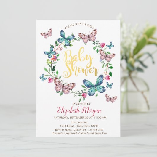 Waterverf Butterflies Dotted Shower Invitation Kaart (Staand voorkant)