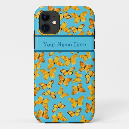 Waterverf Butterflies, Goudgeel op Sky Blue Case-Mate iPhone Case (Achterkant)