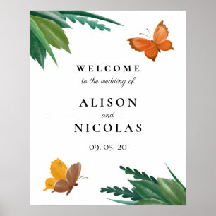Waterverf Butterflies Green Foliage Wedding Poster