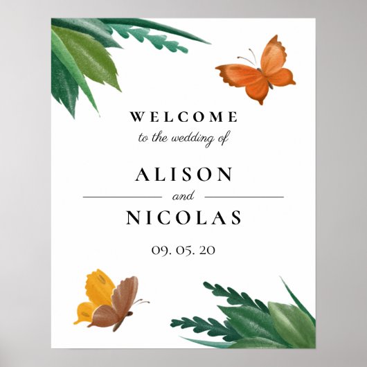 Waterverf Butterflies Green Foliage Wedding Poster (Voorkant)