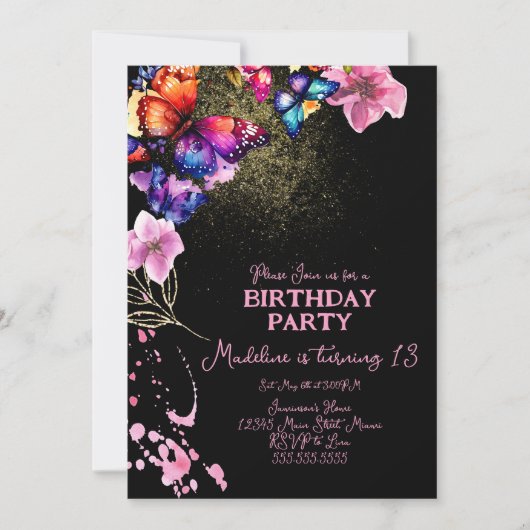 Waterverf Butterflies in Florals Black Birthday Kaart (Voorkant)