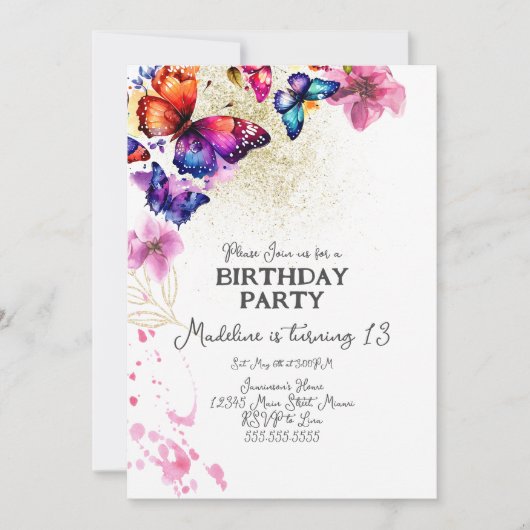 Waterverf Butterflies in Florals Gold Birthday Kaart (Voorkant)