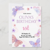 Waterverf Butterfly 1e verjaardagsuitnodiging Kaart (Voorkant)