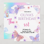 Waterverf Butterfly 1e verjaardagsuitnodiging Kaart (Voorkant / Achterkant)