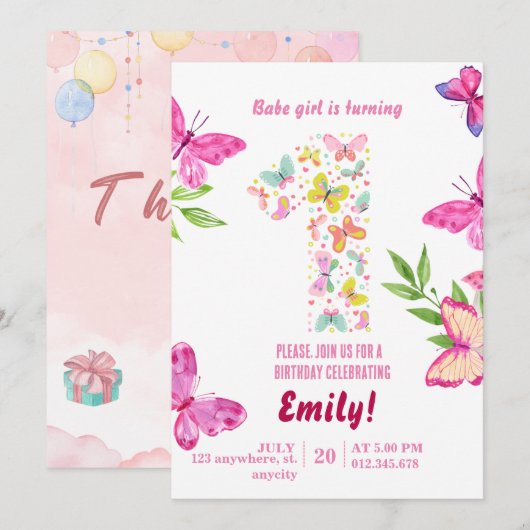 Waterverf Butterfly 1e verjaardagsuitnodiging Kaart (Voorkant / Achterkant)