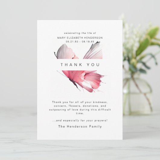 Waterverf Butterfly Bereavement Funeral Hartelijk  Bedankkaart (Staand voorkant)