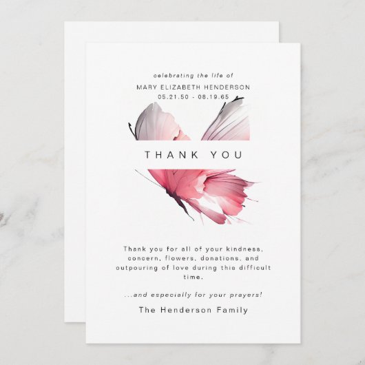 Waterverf Butterfly Bereavement Funeral Hartelijk Bedankkaart (Voorkant / Achterkant)