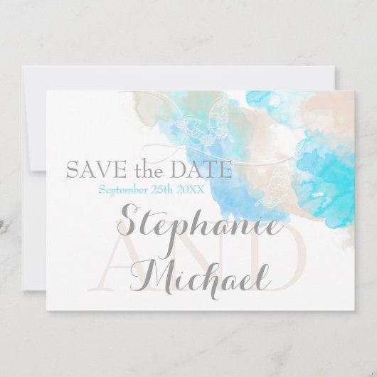 Waterverf Butterfly Blauwgroen Ivory Taupe Save The Date (Voorkant)