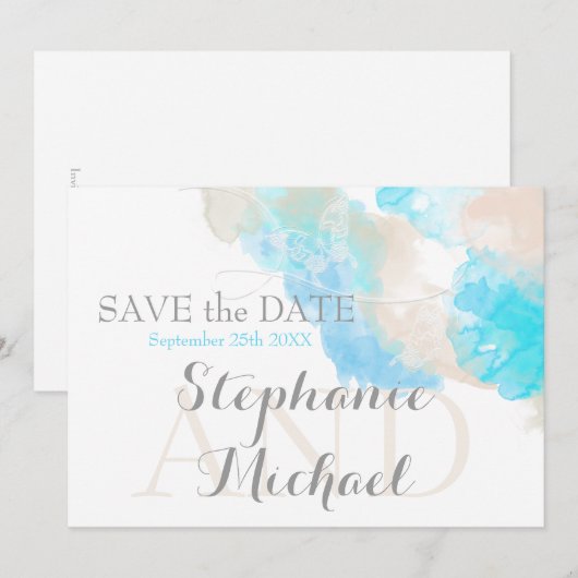 Waterverf Butterfly Blauwgroen Ivory Taupe Save The Date (Voorkant / Achterkant)