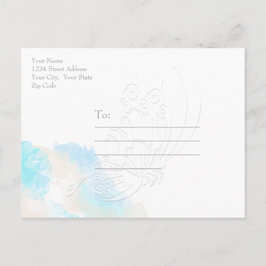 Waterverf Butterfly Blauwgroen Ivory Taupe Savethe Aankondigingskaart (Achterkant)