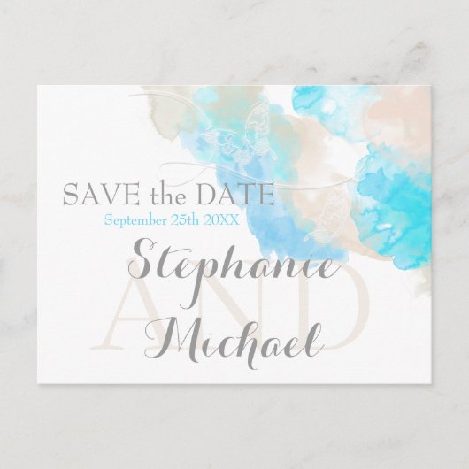 Waterverf Butterfly Blauwgroen Ivory Taupe Savethe Aankondigingskaart (Voorkant)