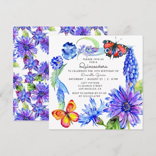 Waterverf Butterfly Blue Floral Chic Quinceañera Kaart (Voorkant / Achterkant)