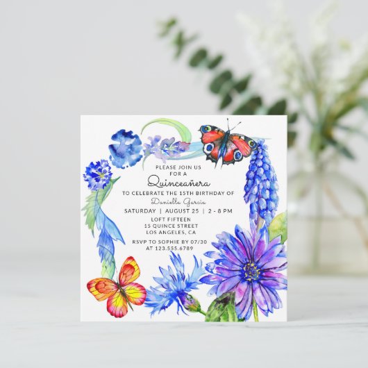 Waterverf Butterfly Blue Floral Chic Quinceañera Kaart (Staand voorkant)