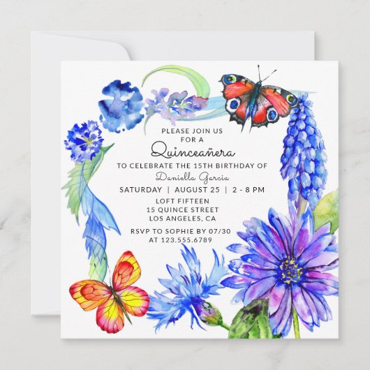 Waterverf Butterfly Blue Floral Chic Quinceañera Kaart (Voorkant)