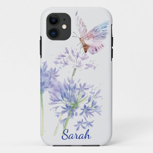 Waterverf Butterfly Blue Flowers Aangepaste naam Case-Mate iPhone Case (Achterkant)