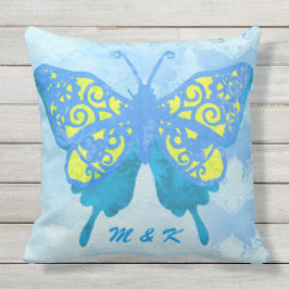 Waterverf Butterfly Blue Yellow  handverf Buitenkussen