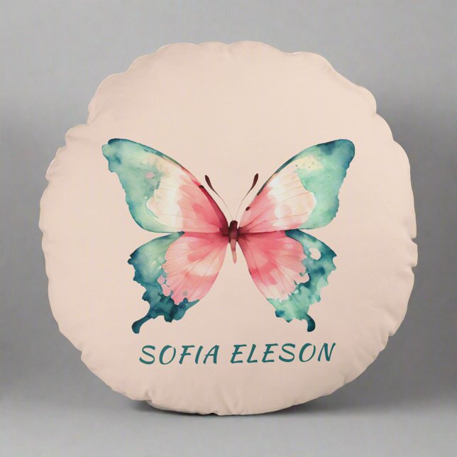 Waterverf Butterfly Elegant Blush Pink Naam Rond Kussen (Creator heeft geüpload)