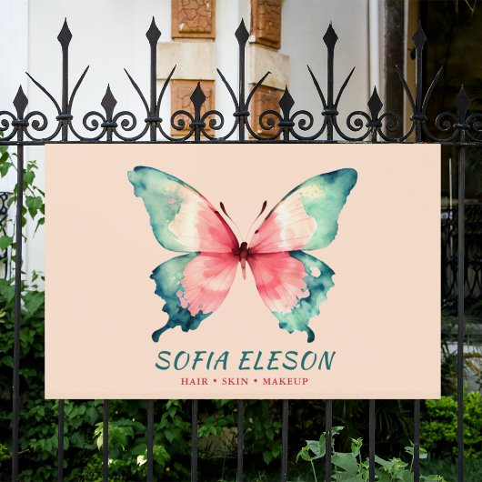 Waterverf Butterfly Elegant Blush Roze Blauw Salon Spandoek