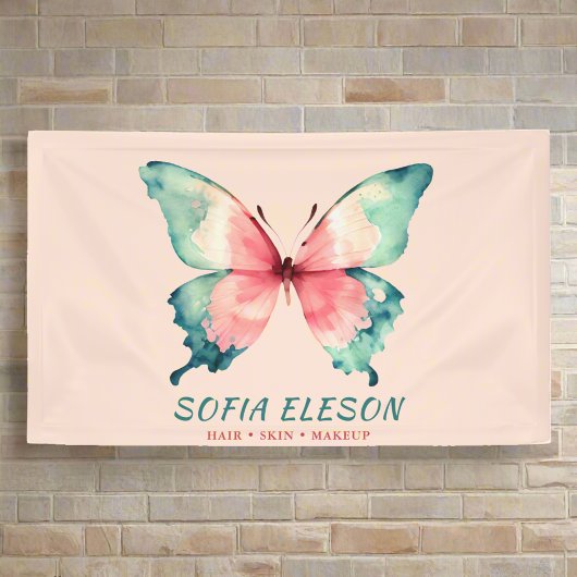 Waterverf Butterfly Elegant Blush Roze Blauw Salon Spandoek