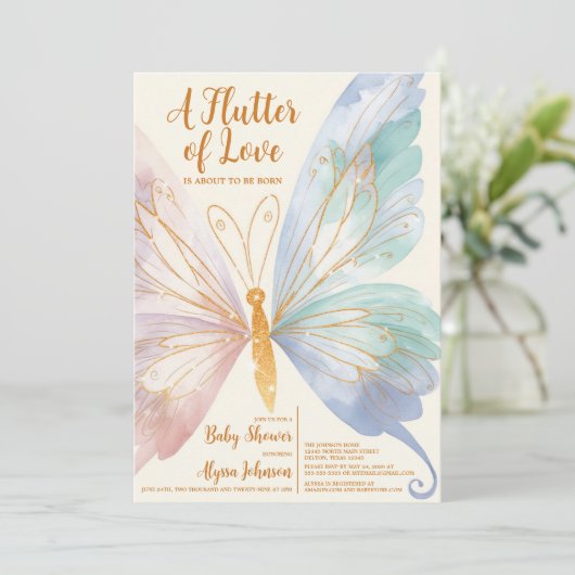 Waterverf Butterfly Elegant Glitter Baby shower Kaart (Staand voorkant)