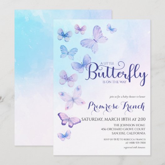 Waterverf Butterfly Elegant Script Baby shower in Kaart (Voorkant / Achterkant)