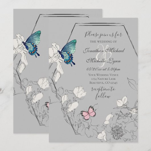 Waterverf Butterfly en Flower Geometric Wedding Kaart (Voorkant / Achterkant)