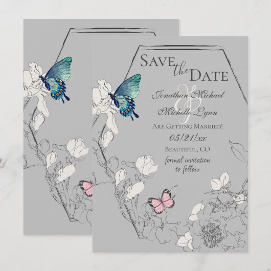 Waterverf Butterfly en Flower Geometric Wedding Save The Date (Voorkant / Achterkant)