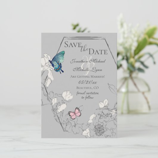 Waterverf Butterfly en Flower Geometric Wedding Save The Date (Staand voorkant)