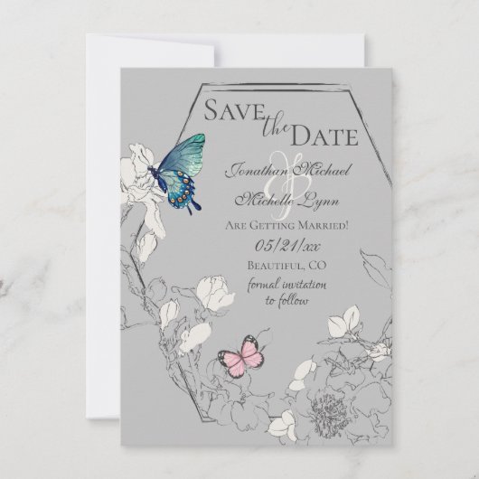 Waterverf Butterfly en Flower Geometric Wedding Save The Date (Voorkant)