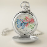 Waterverf Butterfly en Flowers Elegant Monogram Zakhorloge<br><div class="desc">waterverf bloem en vlinderkunst.</div>
