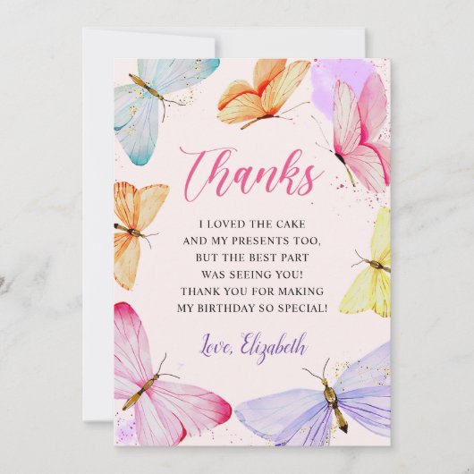 Waterverf Butterfly Girl Verjaardag Bedankkaart (Voorkant)