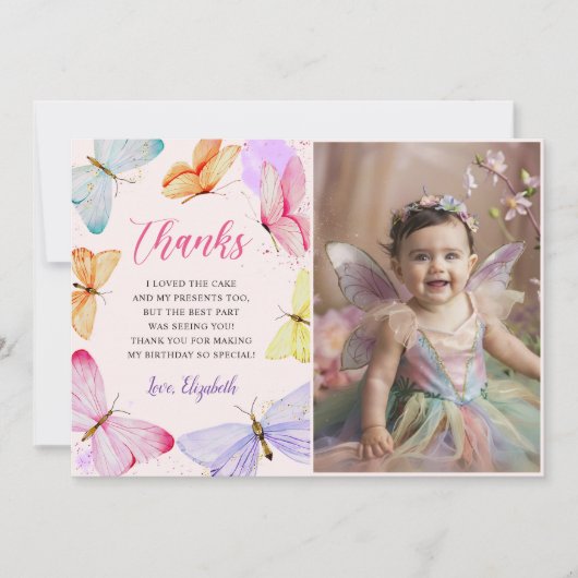 Waterverf Butterfly Girl Verjaardagsfoto Bedankkaart (Voorkant)