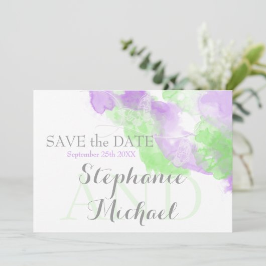 Waterverf Butterfly Lila Matcha Green Splash Save The Date (Staand voorkant)