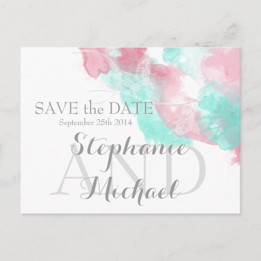 Waterverf Butterfly Minted Blush Save the Date Aankondigingskaart (Voorkant)